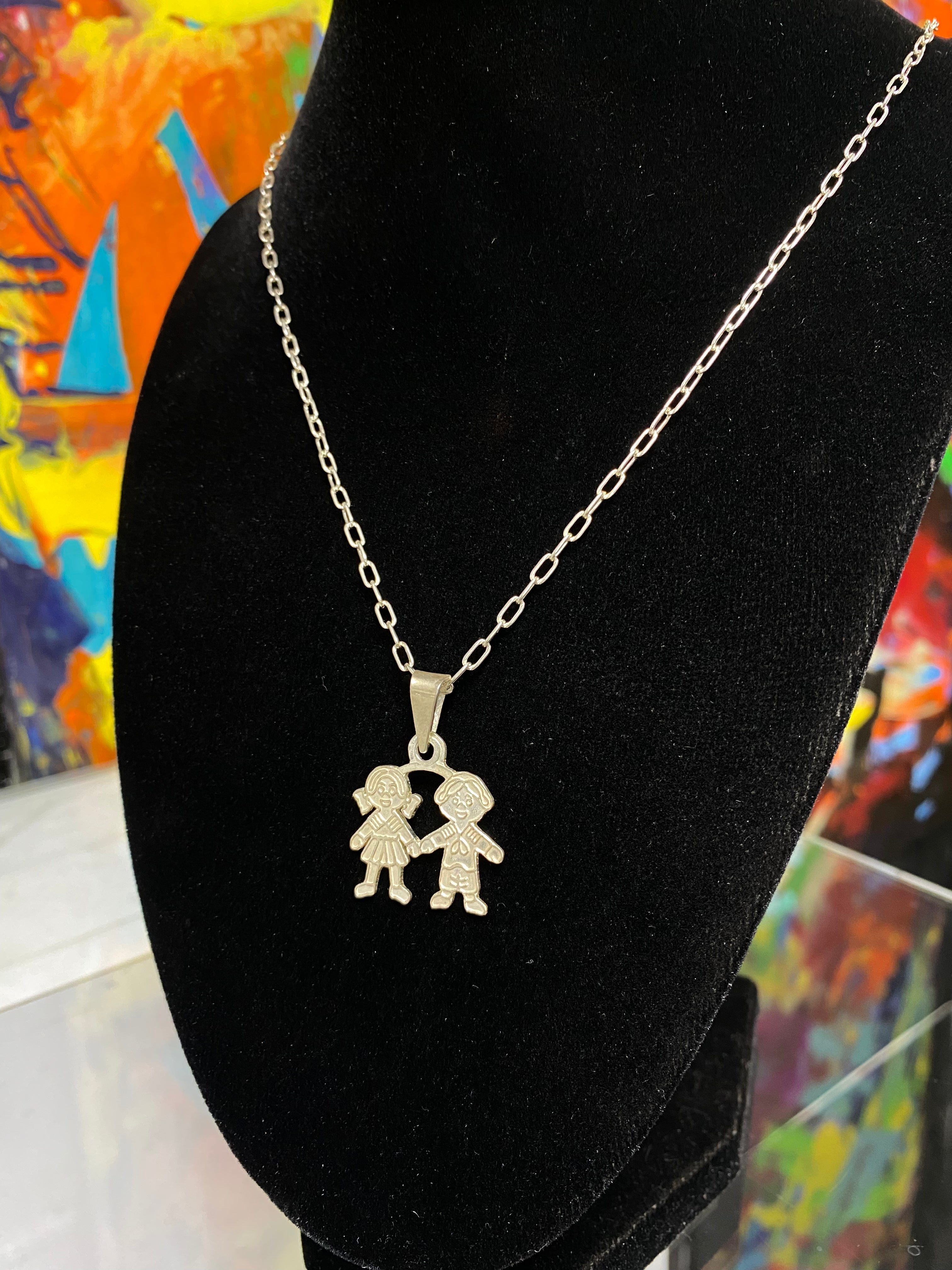 Cadena Limada 50 cm Plata 925 + Dije Niña y Niño 2.5x2 cm